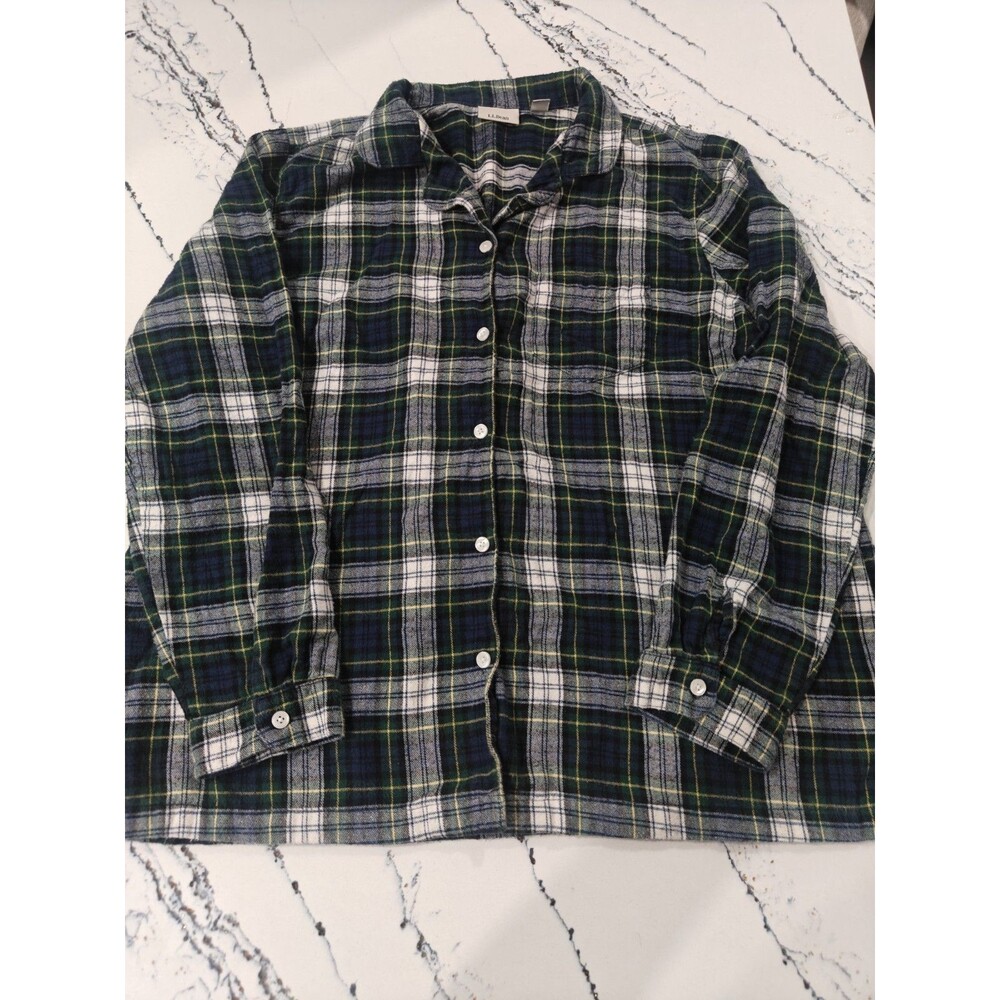 LL Bean Shirt Women XL Green White Plaid Flannel Band Collar Cabincore Outdoor